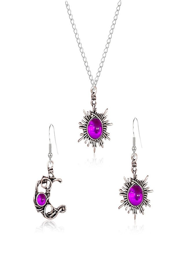 Anmpab Boho Opal Sun and Moon Drop Dangle Earrings Necklace Set Moonstone Natural Stone Hook Bohemian for Women Asymmetrical Antiqued Silver Celestial Jewelry (Violet) - Image 1